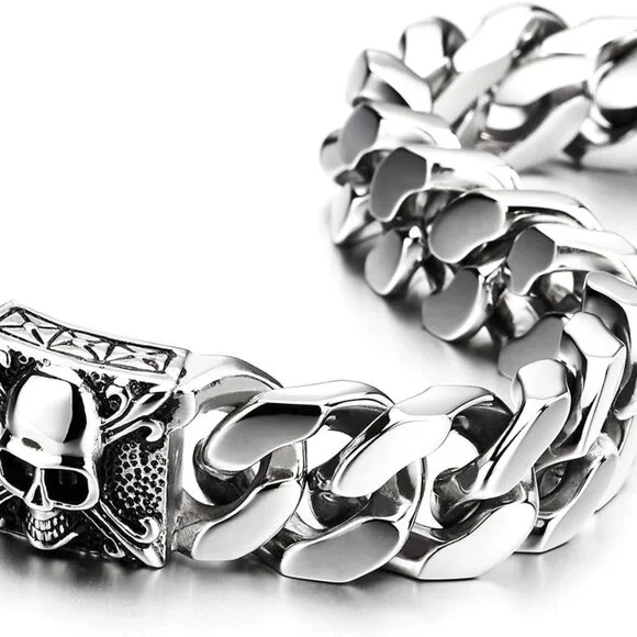Mens Large Vintage Brushed Finishing Steel Curb Chain Bracelet with Fleur De Lis